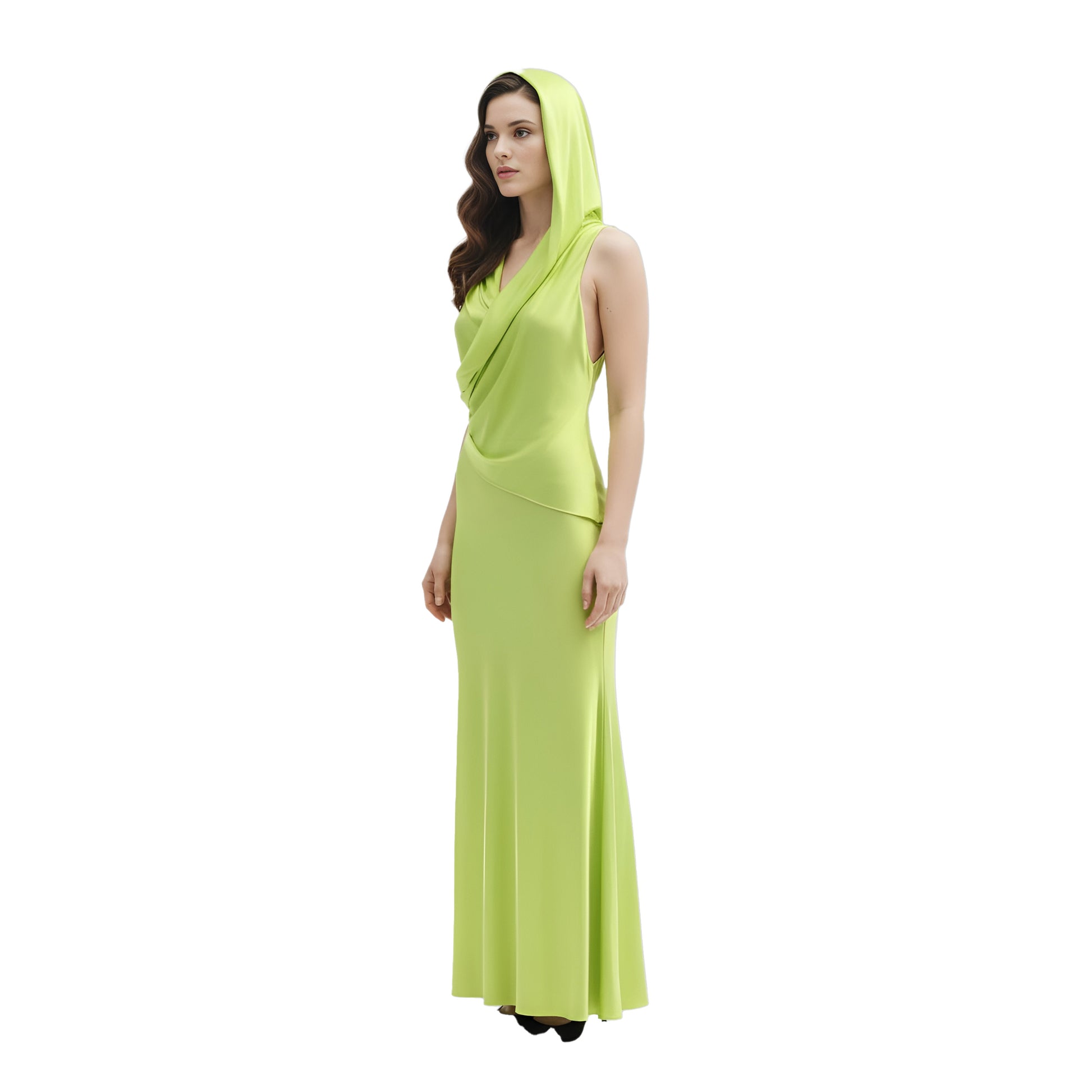 halpern hooded draped satin gown