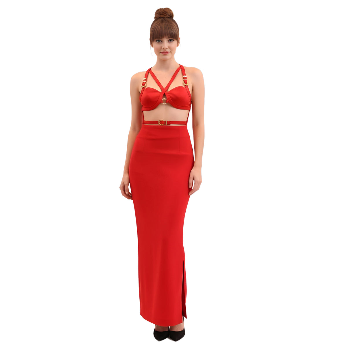 versace red silk bralette and skirt set