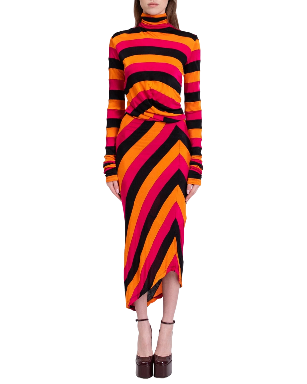 Marni Orange Striped Long Sleeve Turtleneck Dress