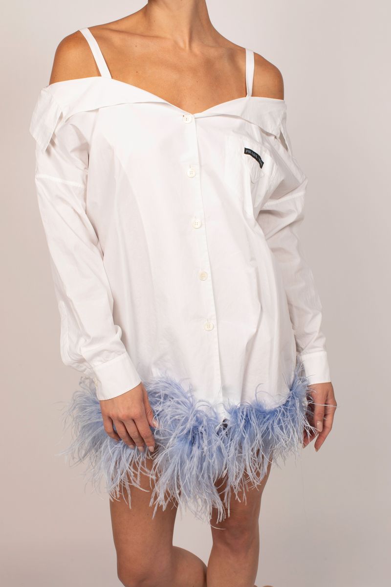 Miu Miu White Button Down Dress With Purple Feathers