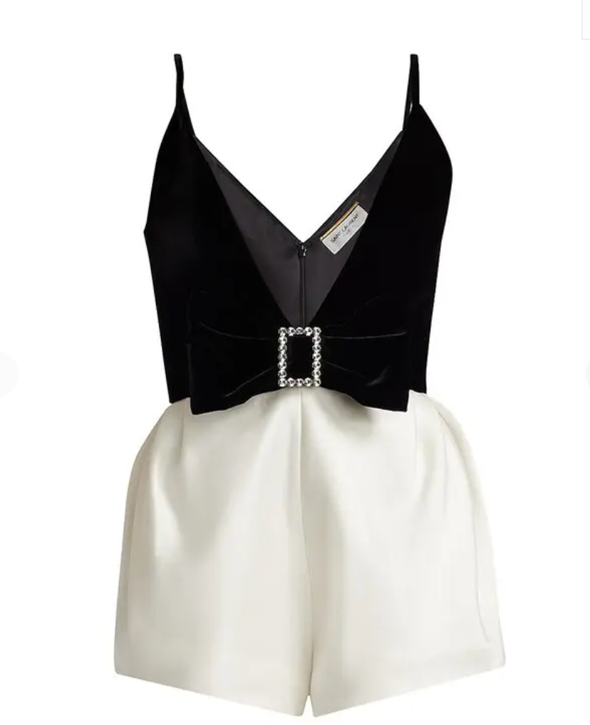 saint laurent black and white embellished bow romper size small