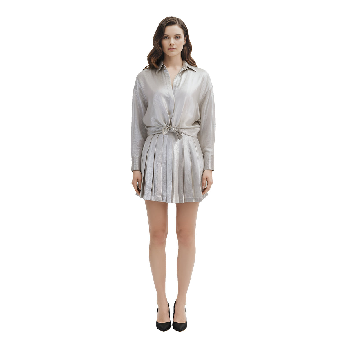 vintage gianni versace silver button down blouse & pleated skirt set
