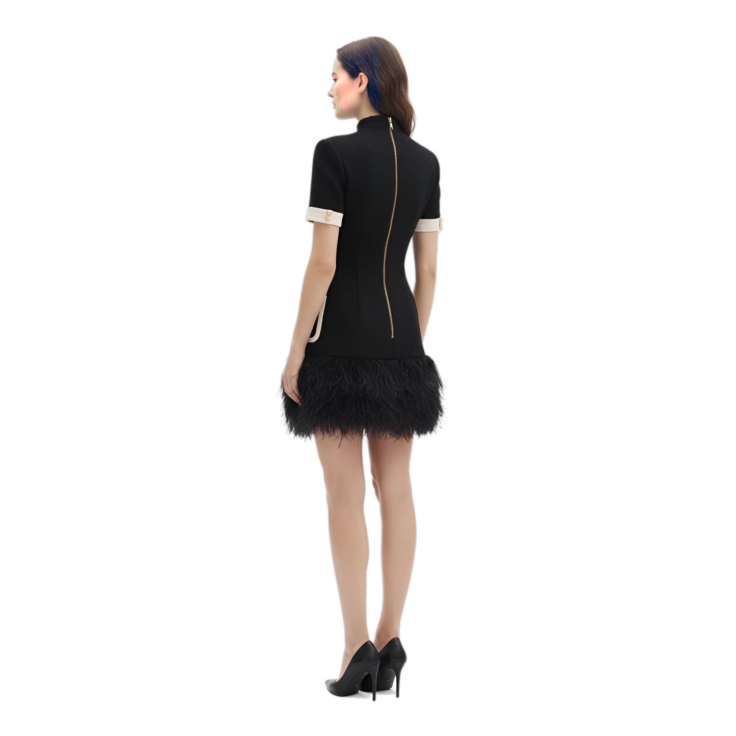 balmain black & white  tweed tuxedo dress with feather trim