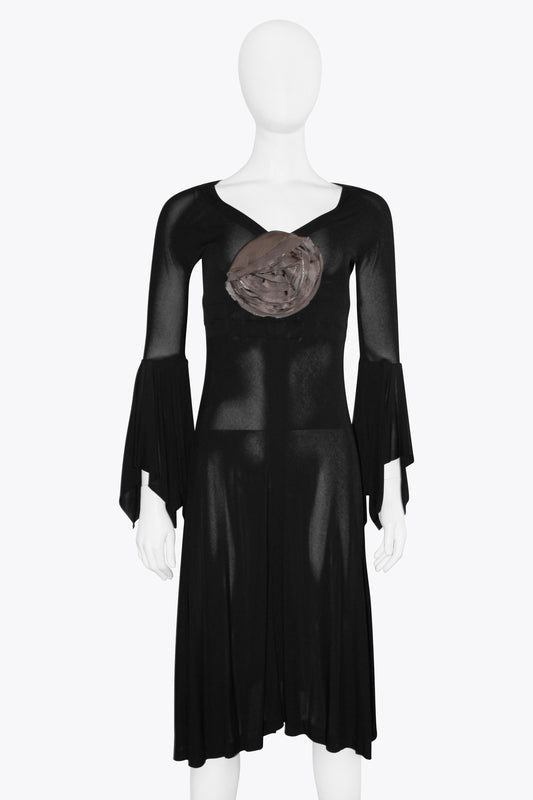 Yves Saint Laurent Black Longsleeve Dress with Grey Center Rose