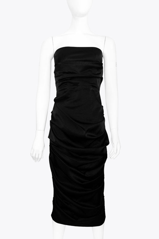 Alex Perry Black Strapless Satin Midi Dress With Ruching