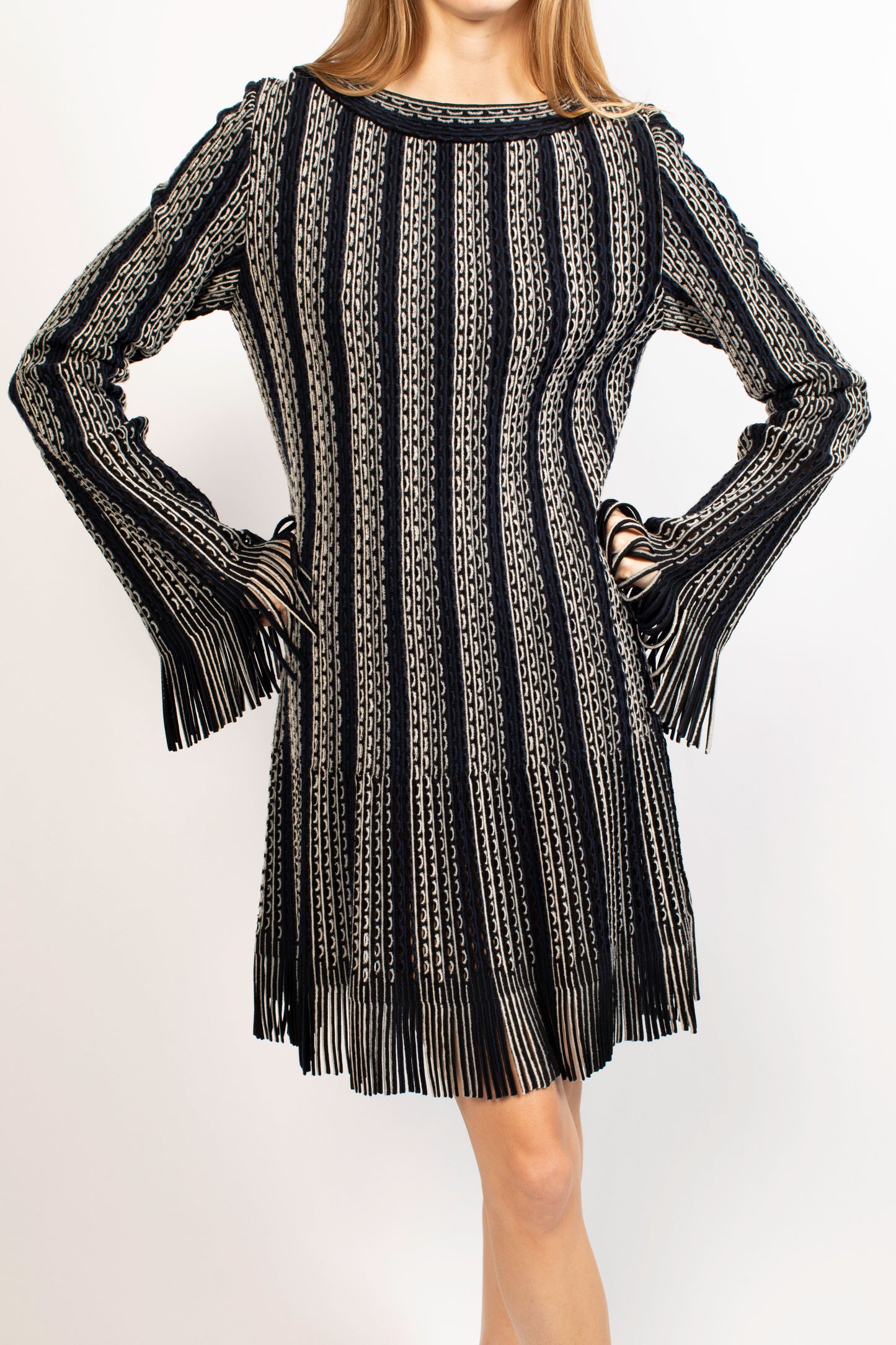 Alaia Blue Striped Long Sleeve Mini Dress With Fringe Detail