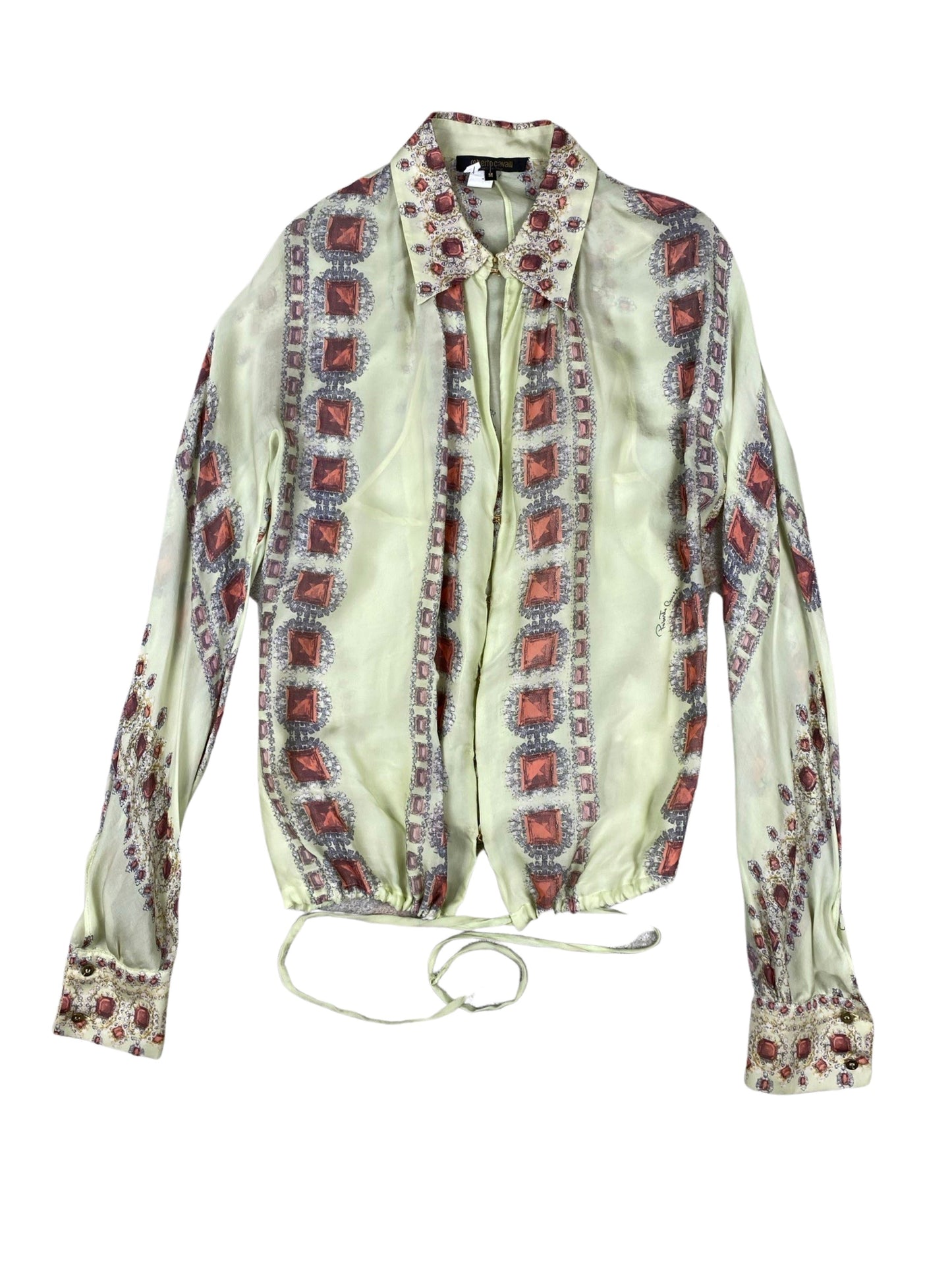 Roberto Cavalli Green Sheer Jewl Printed Long-Sleeve Top