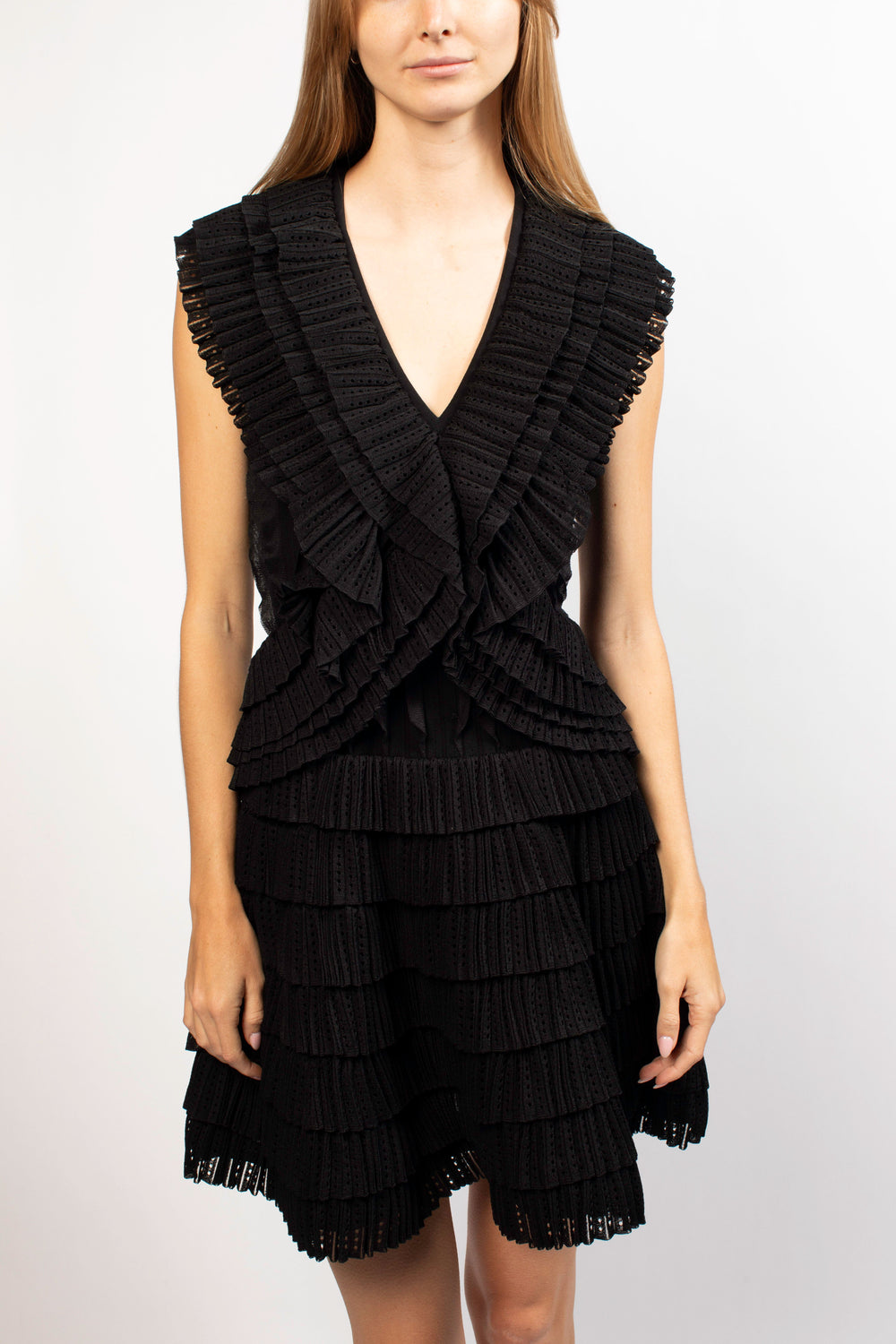 Alaia Black Ruffle V-Neck Mini Dress
