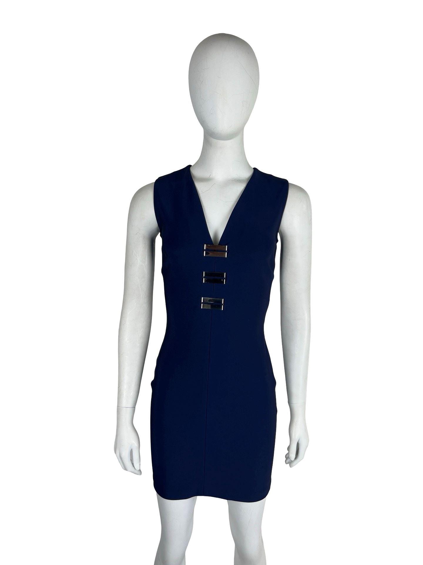 Mugler Blue V-Neck Bodycon Dress with Silver Hardware