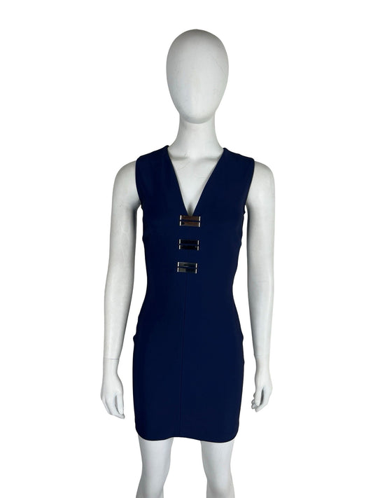 Mugler Blue V-Neck Bodycon Dress with Silver Hardware