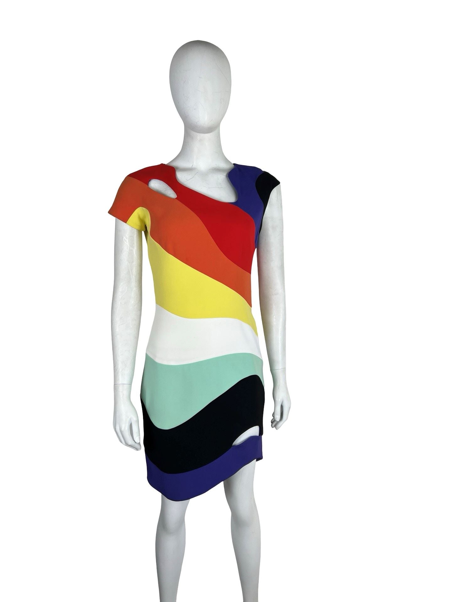 Mugler Rainbow Dress with Assymetrical Neckline and Cutouts