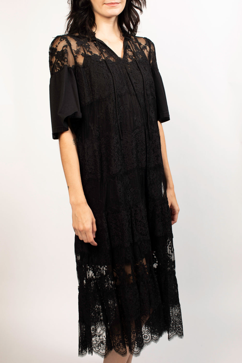 Alexander McQueen Black Short Sleeve Lace Midi Dress