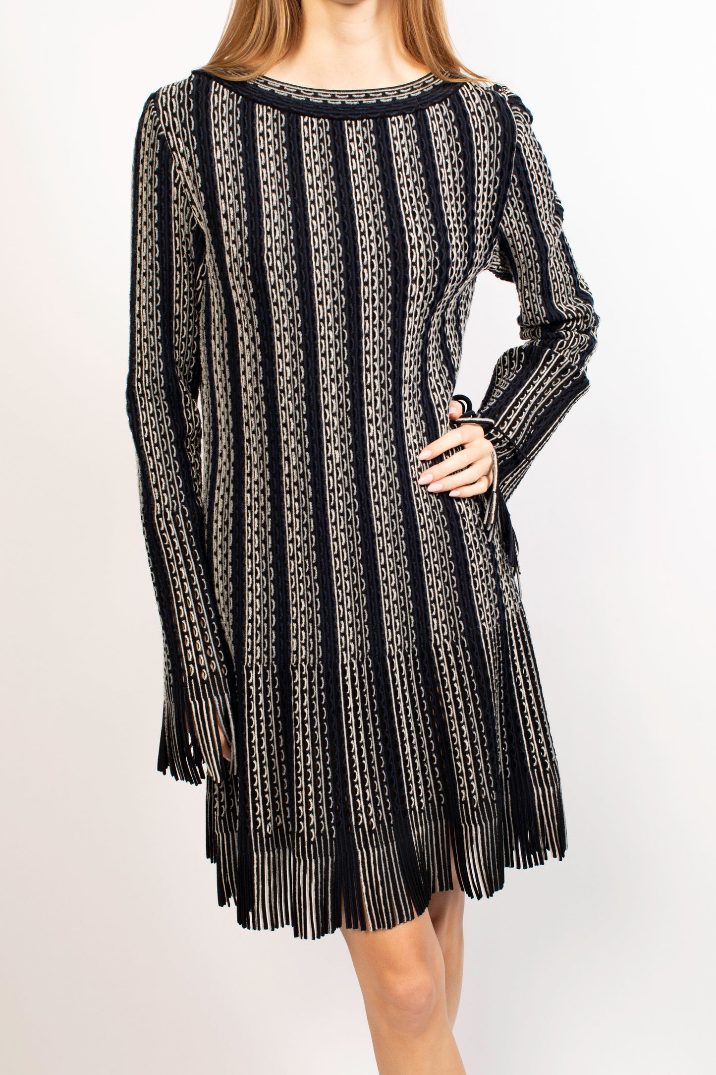 Alaia Blue Striped Long Sleeve Mini Dress With Fringe Detail
