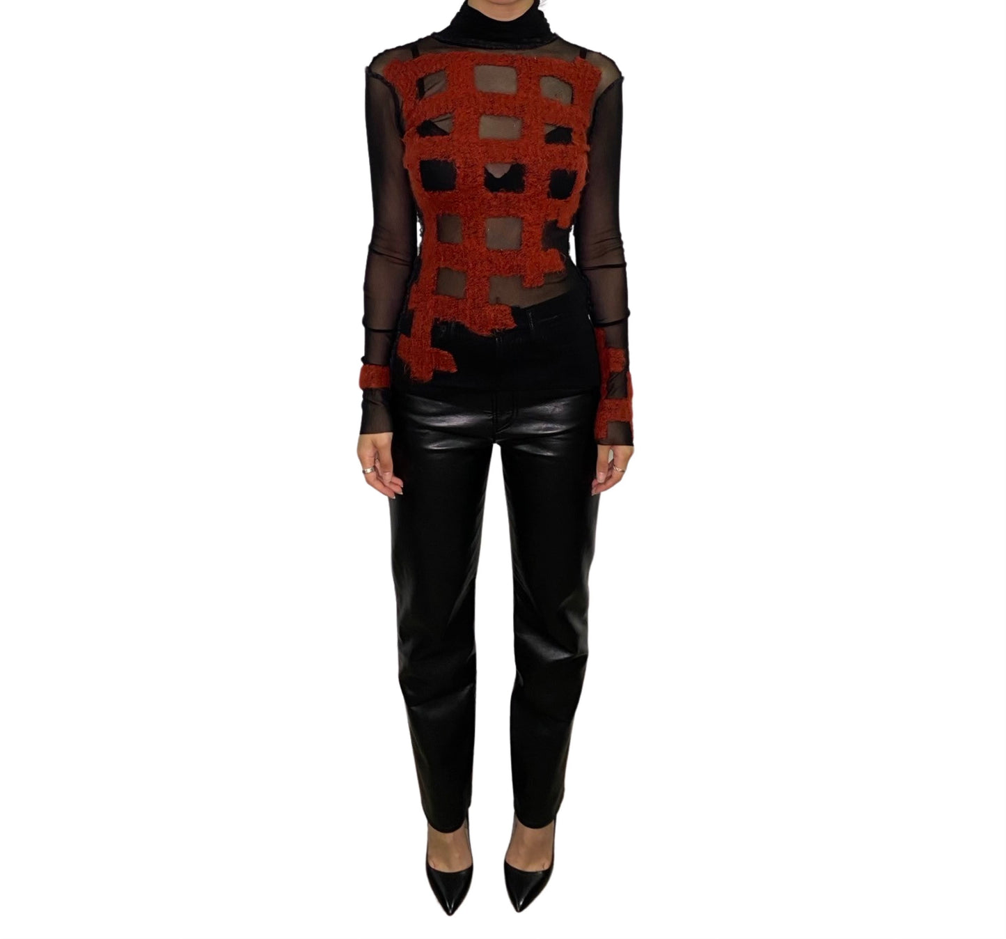 Jean Paul Gaultier Black Mesh Long Sleeve with Red Pattern