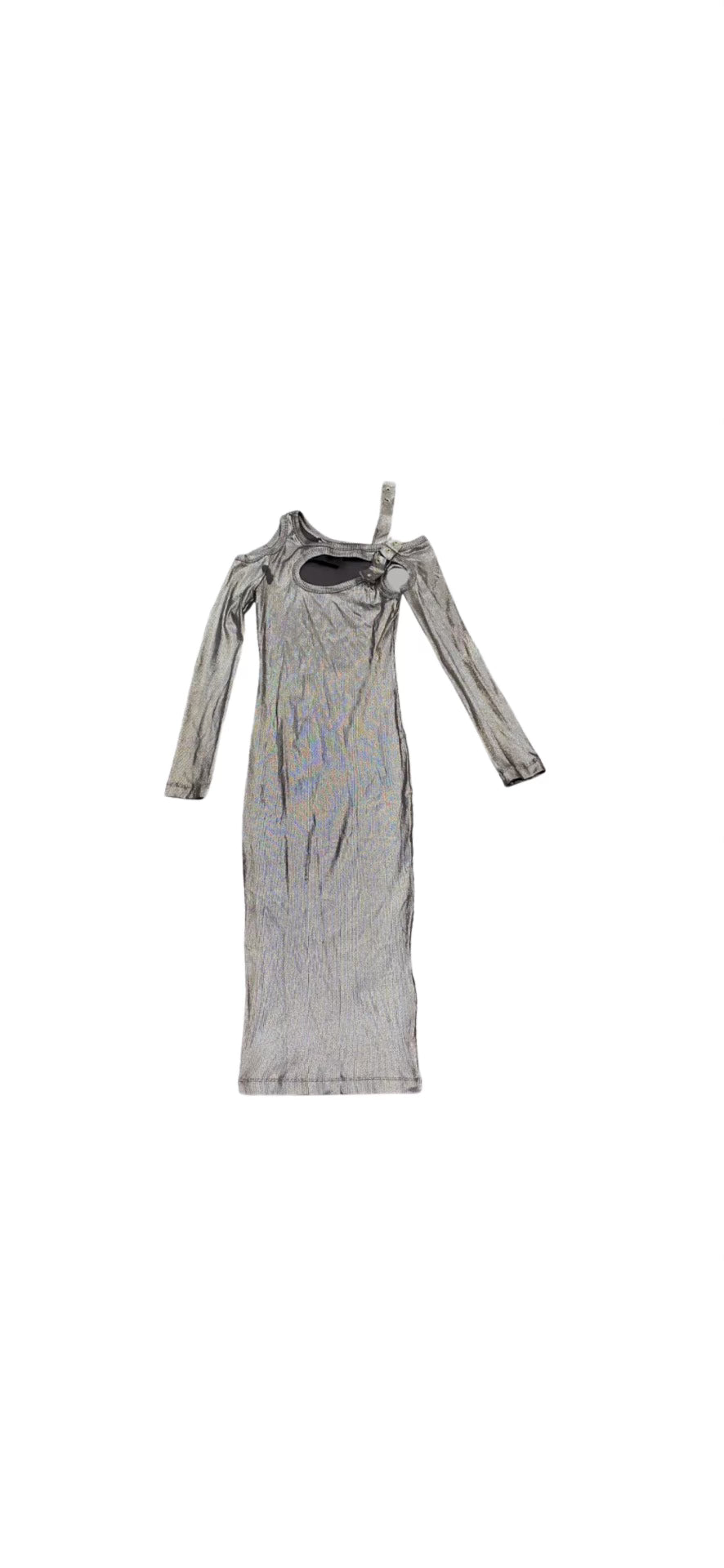 Versace Silver Metallic Long Sleeve Dress With Cut Otuts