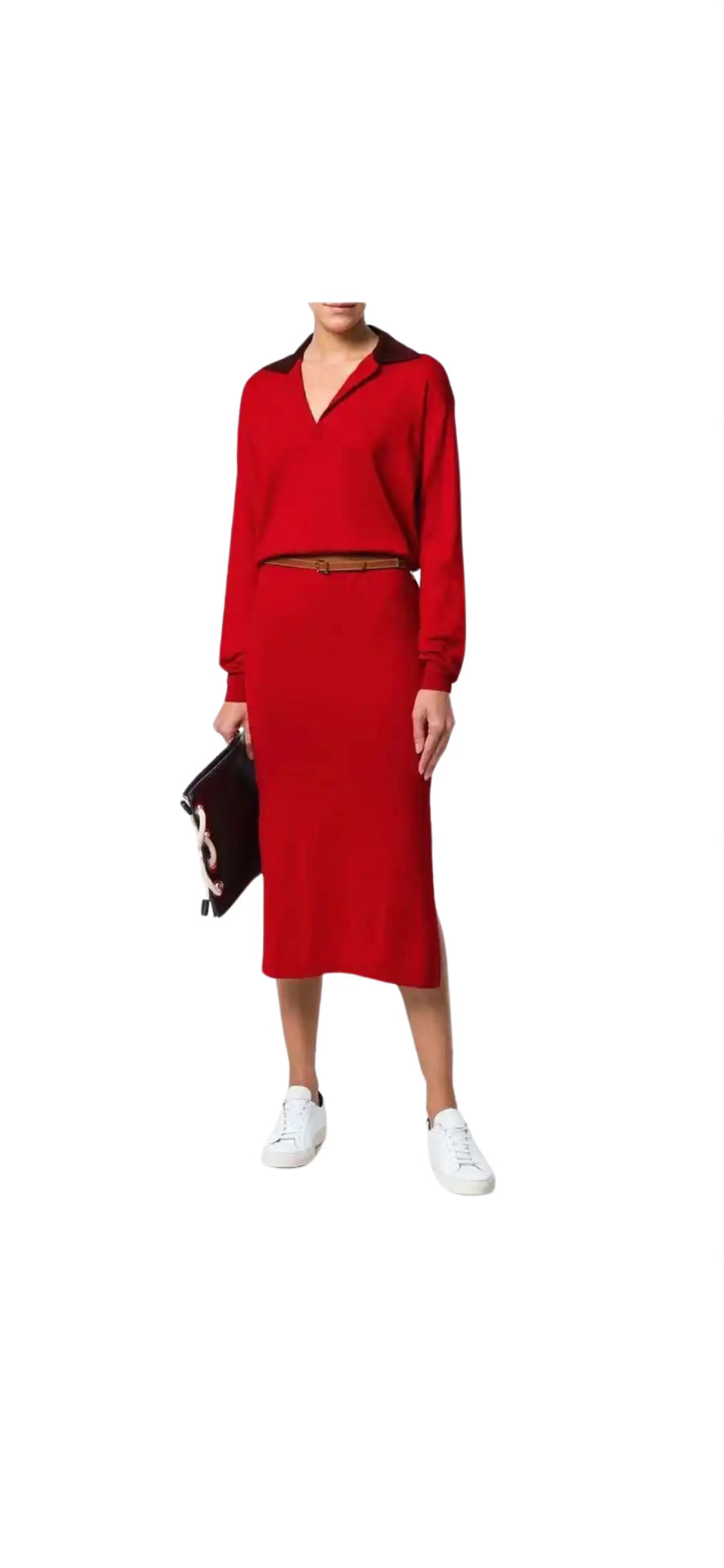 Loewe Red Long Sleeve Collared Midi Dress