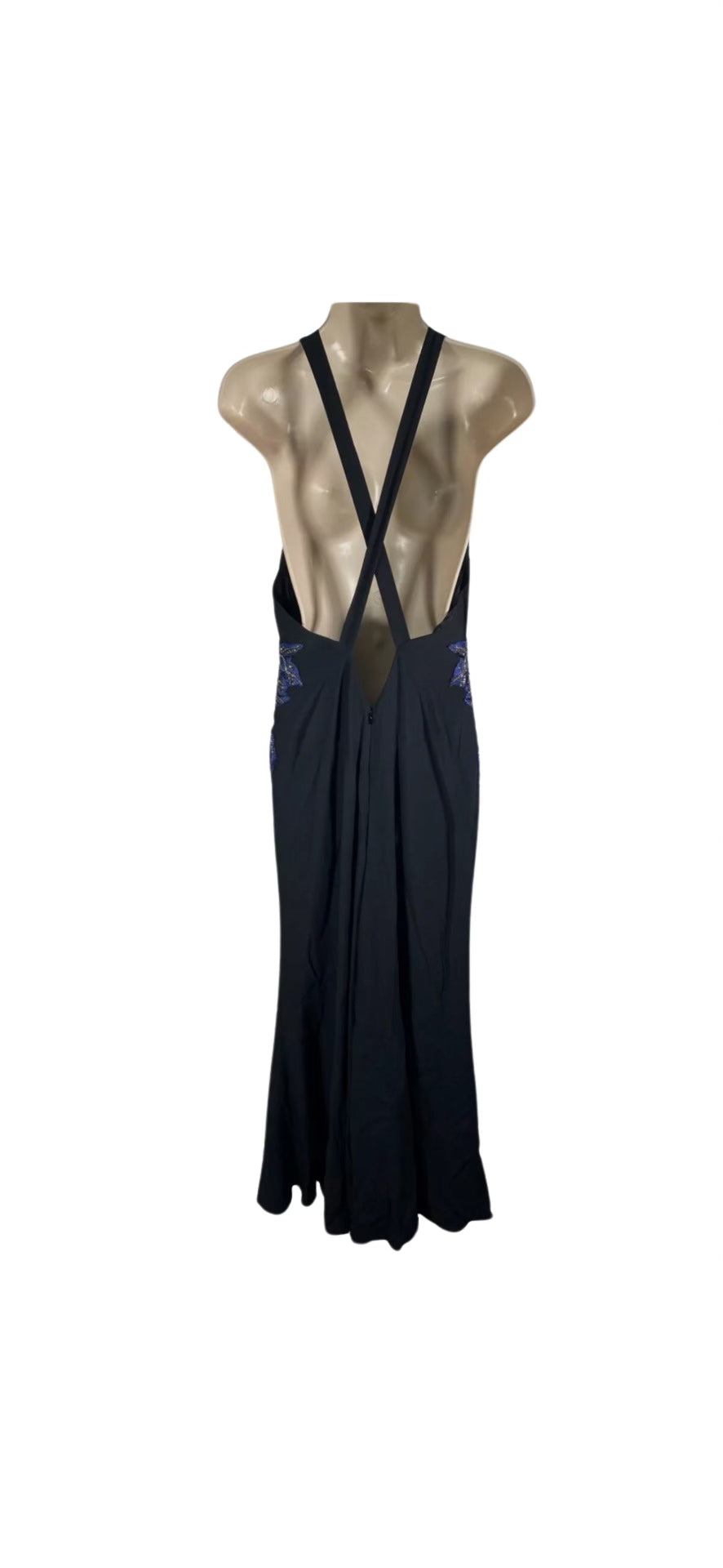 Alexander McQueen Blue Embroidered Halter V-Neck Maxi Dress