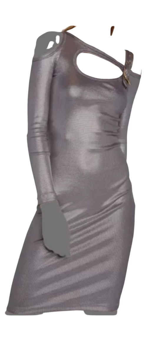 Versace Silver Metallic Long Sleeve Dress With Cut Otuts