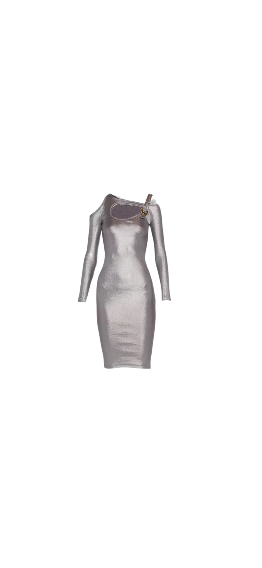 Versace Silver Metallic Long Sleeve Dress With Cut Otuts