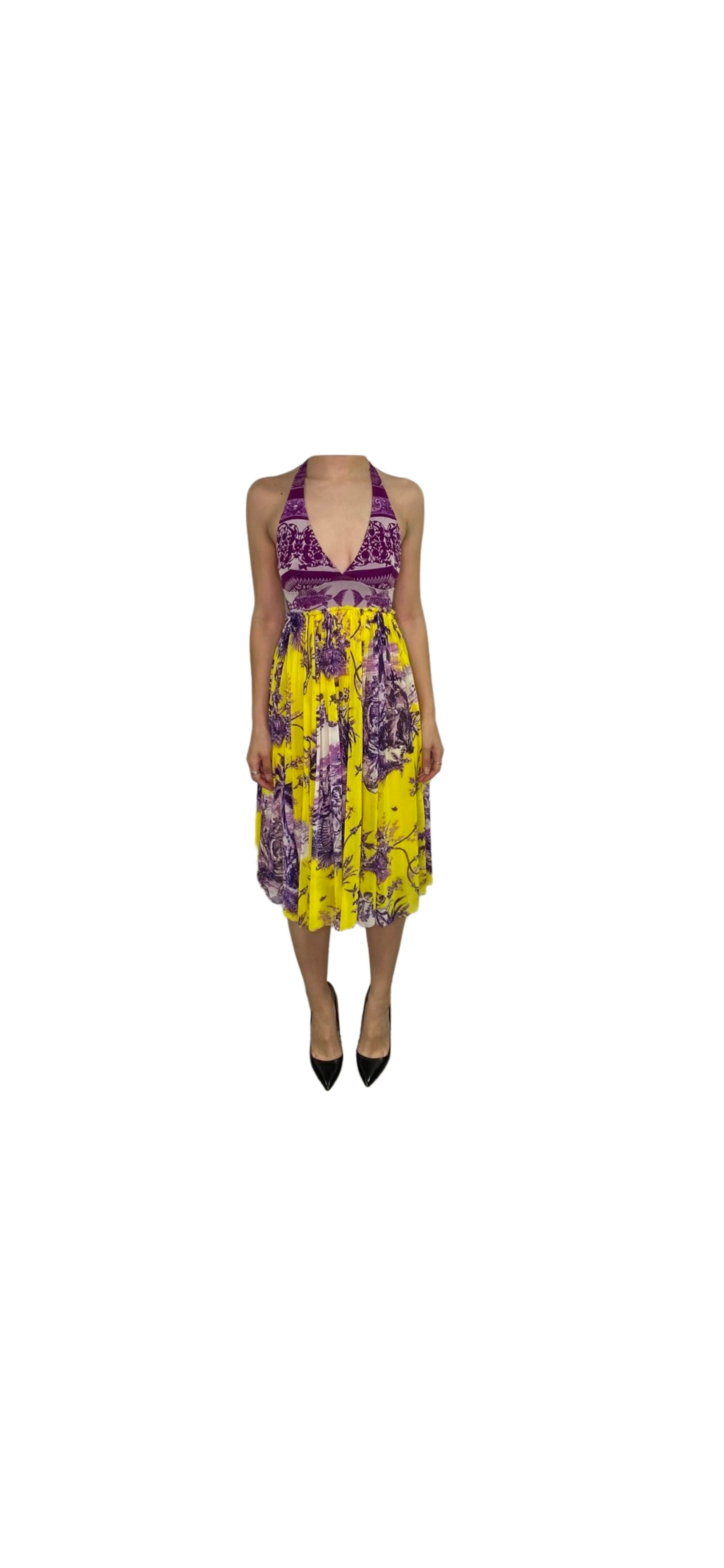 Jean Paul Gaultier Yellow & Purple Floral Halter Midi Dress