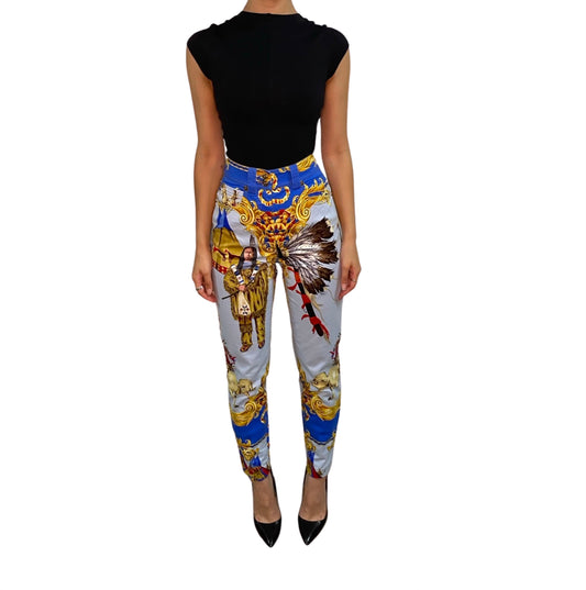 VERSACE Blue Tribute Native American 1992 Printed Gold Medusa Jean