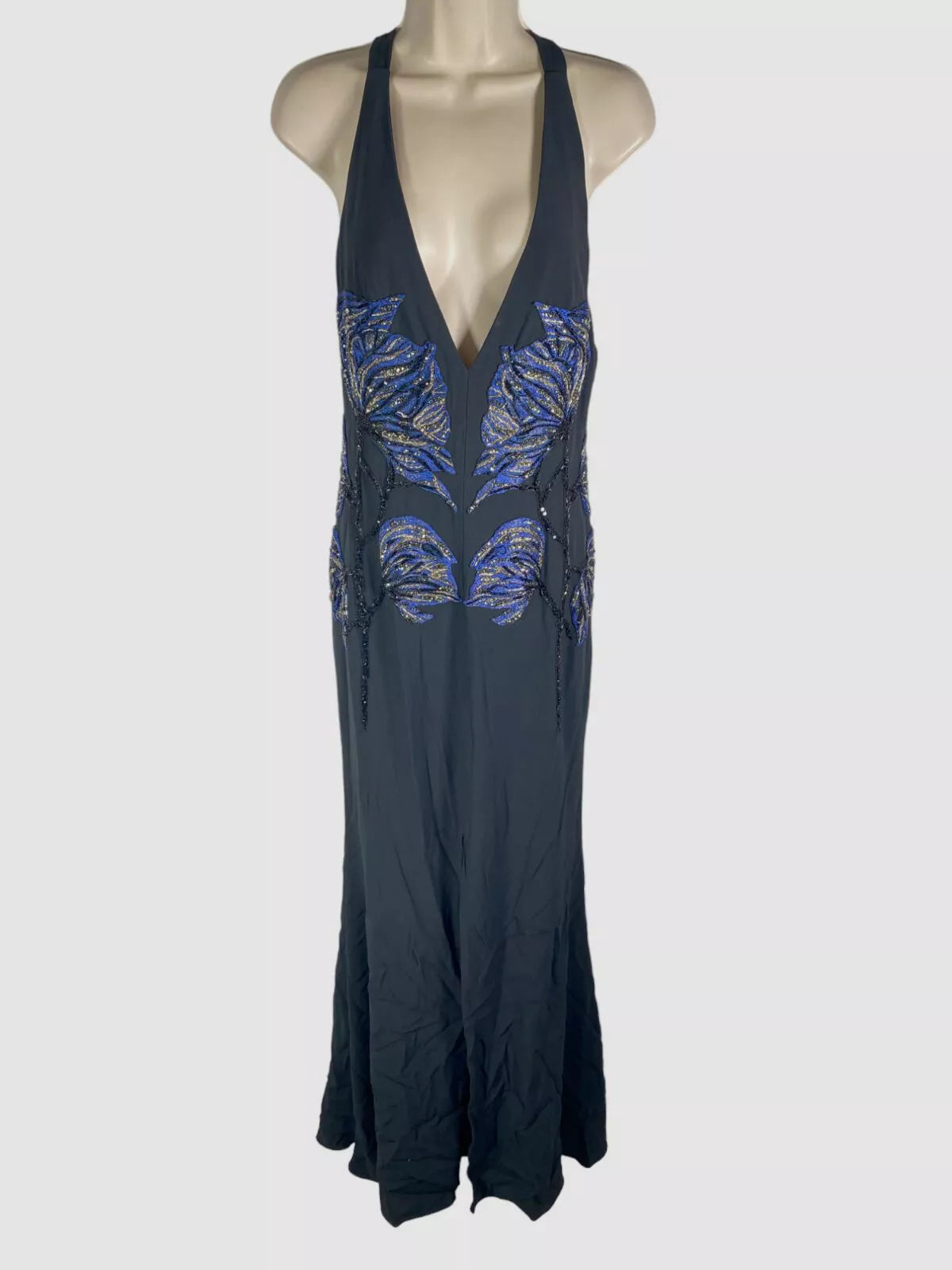 Alexander McQueen Blue Embroidered Halter V-Neck Maxi Dress