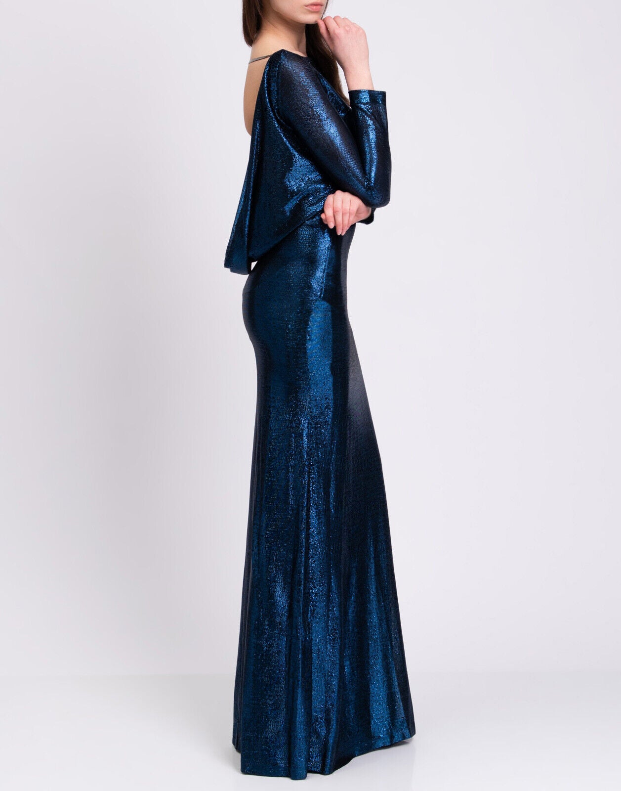 DSquared2 Blue Sequin Long-Sleeve Gown With Open Back