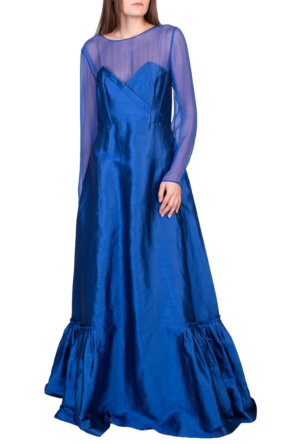 Alberta Ferretti Shiny Blue Gown w/ Mesh Neckline