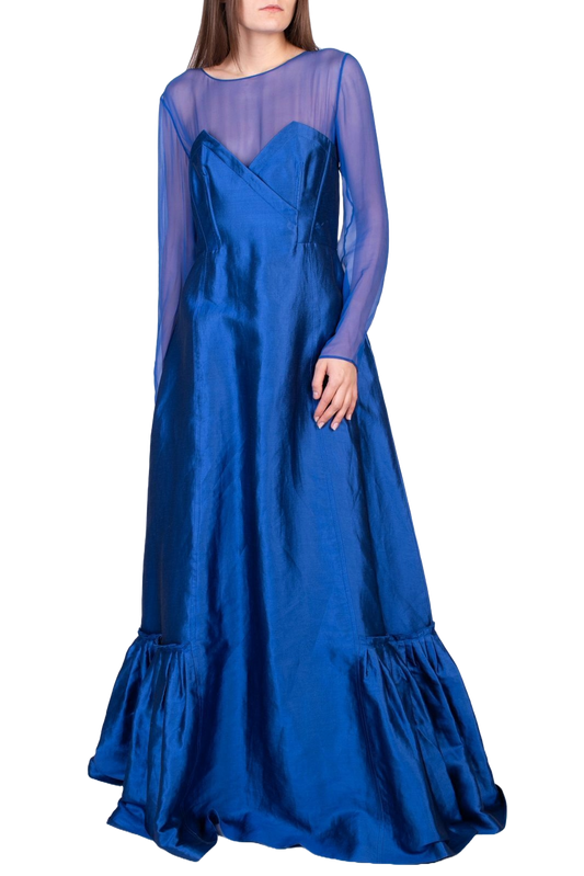 Alberta Ferretti Shiny Blue Gown w/ Mesh Neckline