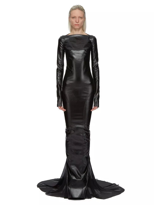 Rick Owens Black Leather Long Sleeve Mermaid Gown