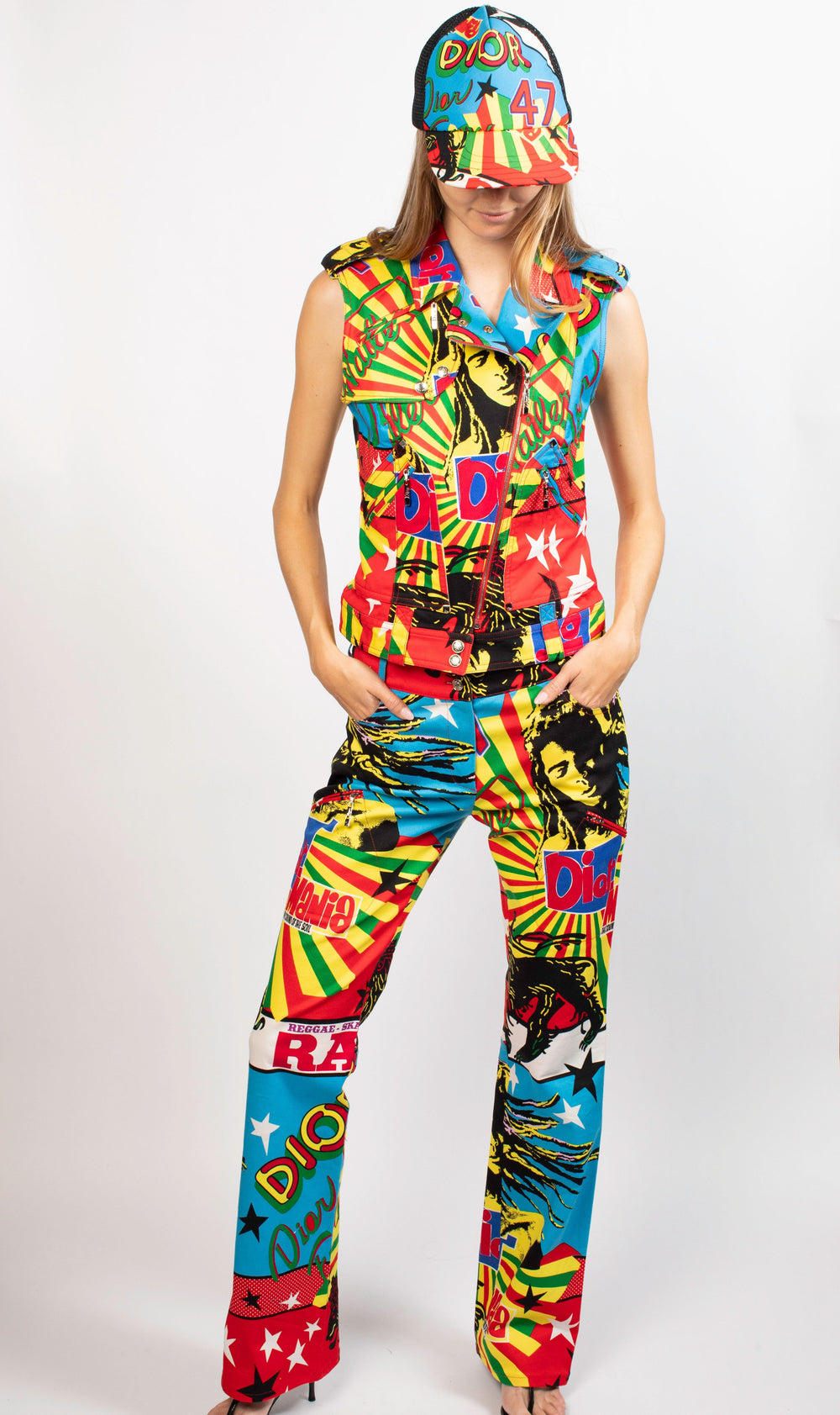 Christian Dior Colorful Comic Pants Vest & Matching Hat Set