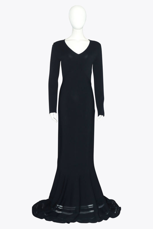 Black Long-Sleeve V-Neck Sheer Bottom Panel Gown