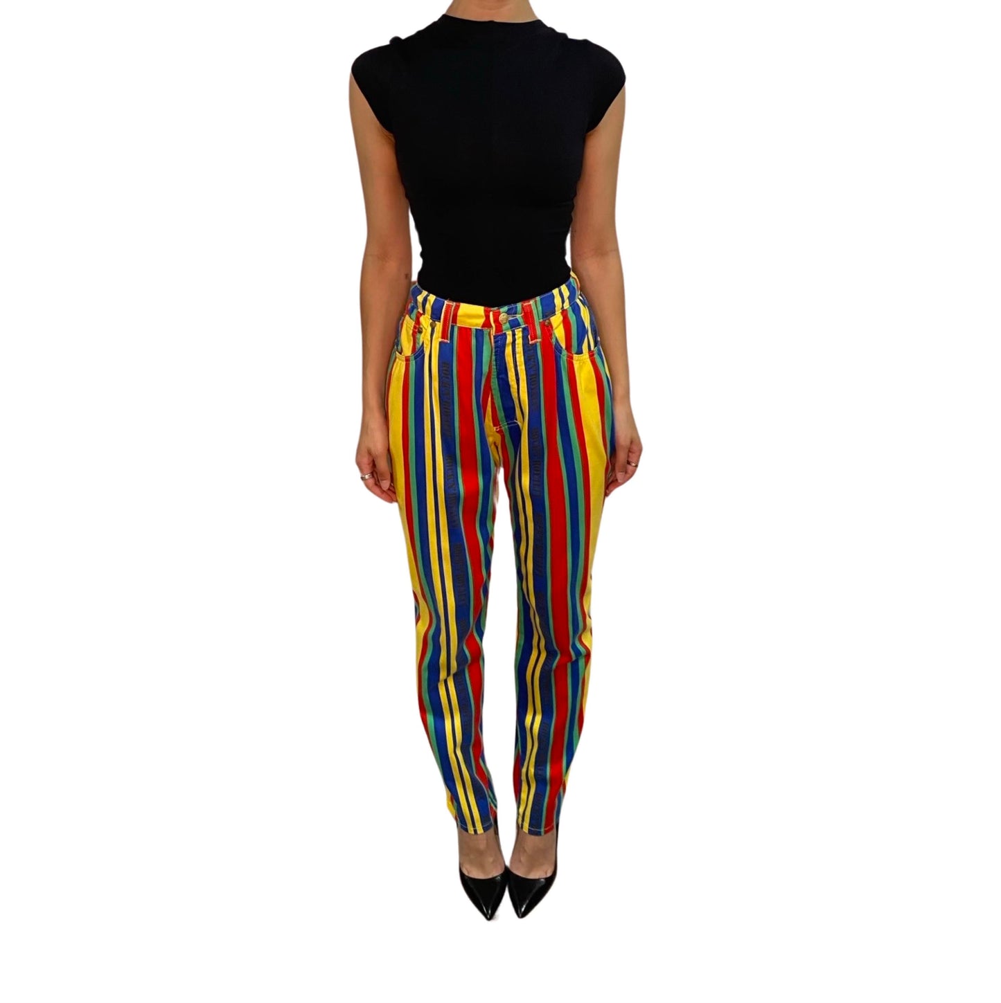 VERSACE Multi-Color Striped Printed Pants with Gold Medusa