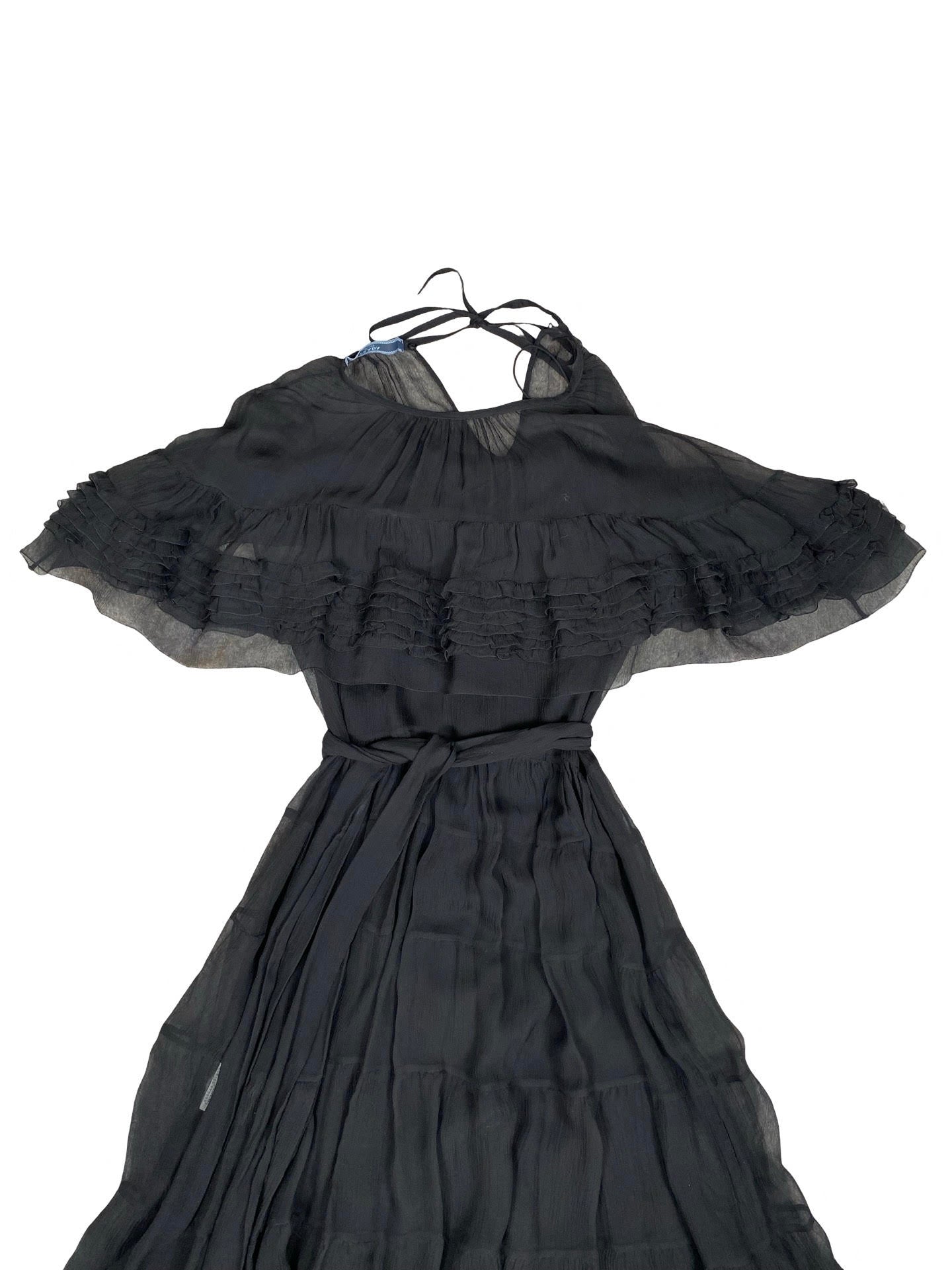 Prada Black Mesh Ruffled Dress With Tie