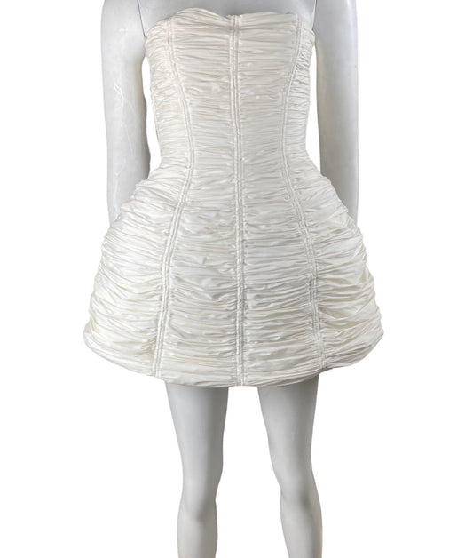 Custom White Ruched Strapless Mini Dress With Boning