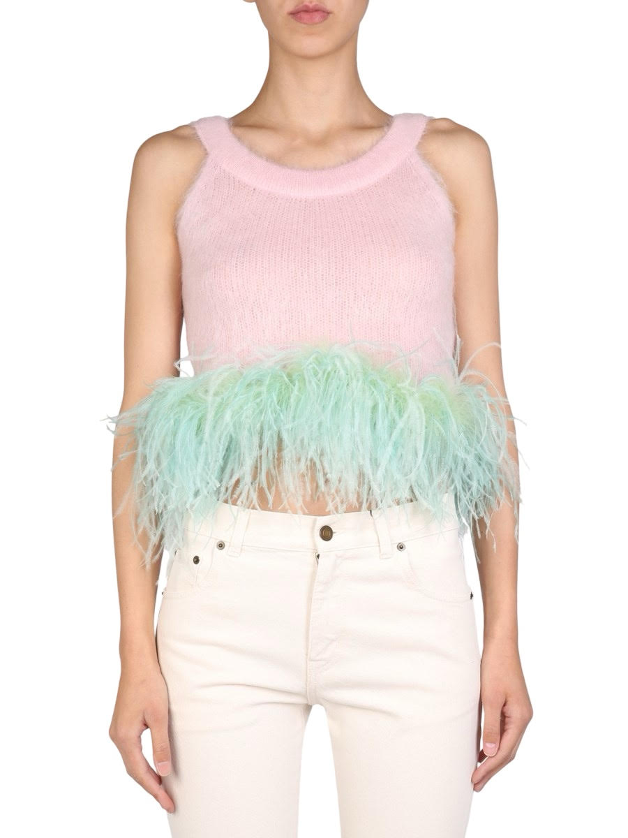 Yves Saint Laurent Pink Sweater Top With Green Fur