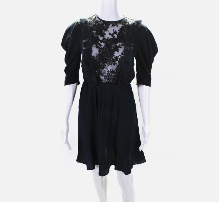 Miu Miu Black Shortsleeve Pleated Lace Mini Dress