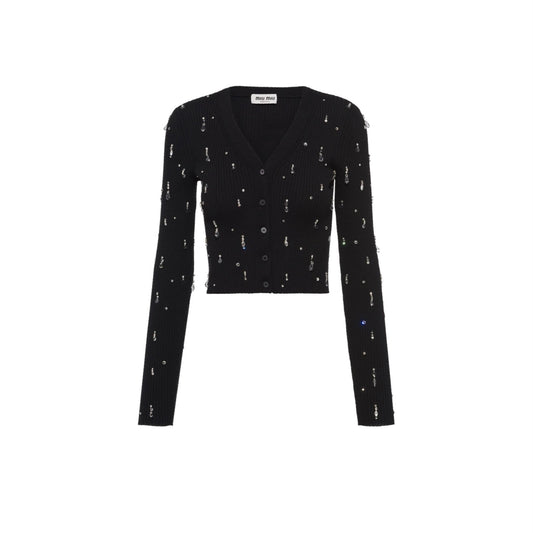 Miu Miu Black Long Sleeve Button Up Cardigan With Jewl Detail