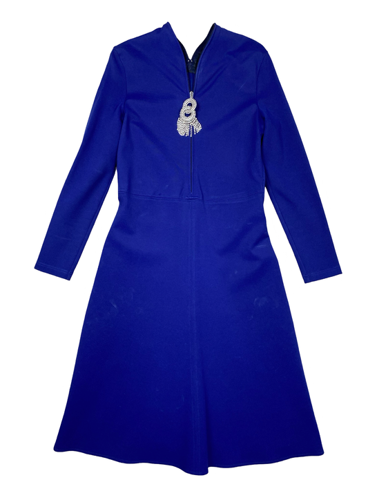 Balenciaga Blue Long Sleeve Dress With Silver Zipper Accent