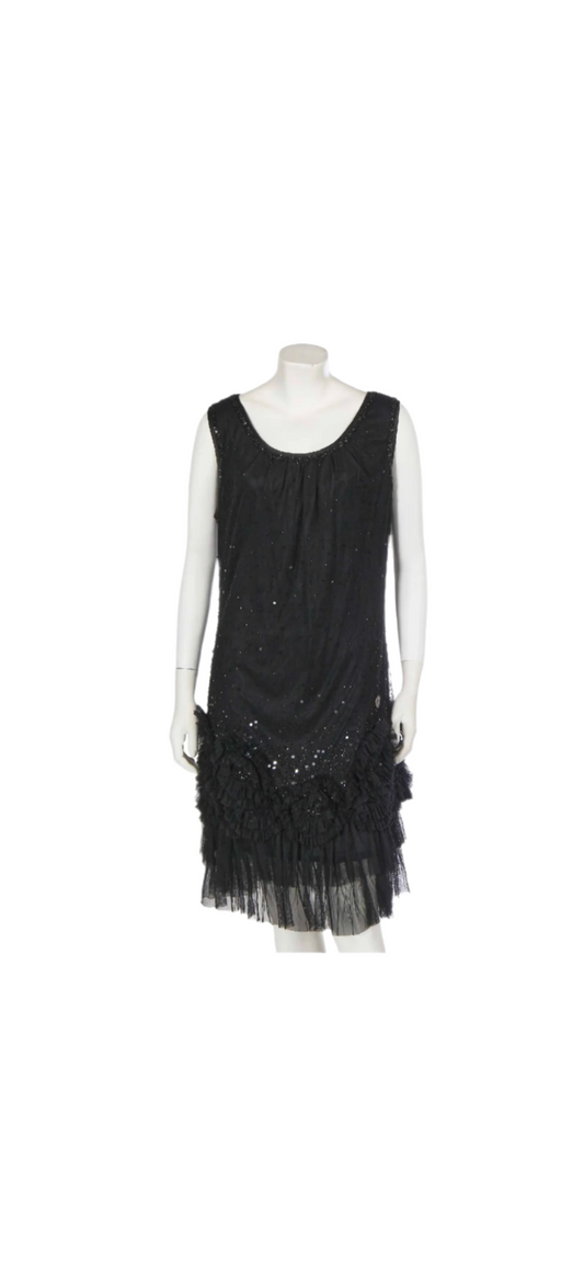 John Galliano Black Sequin Dress With Chiffon Detail Hem