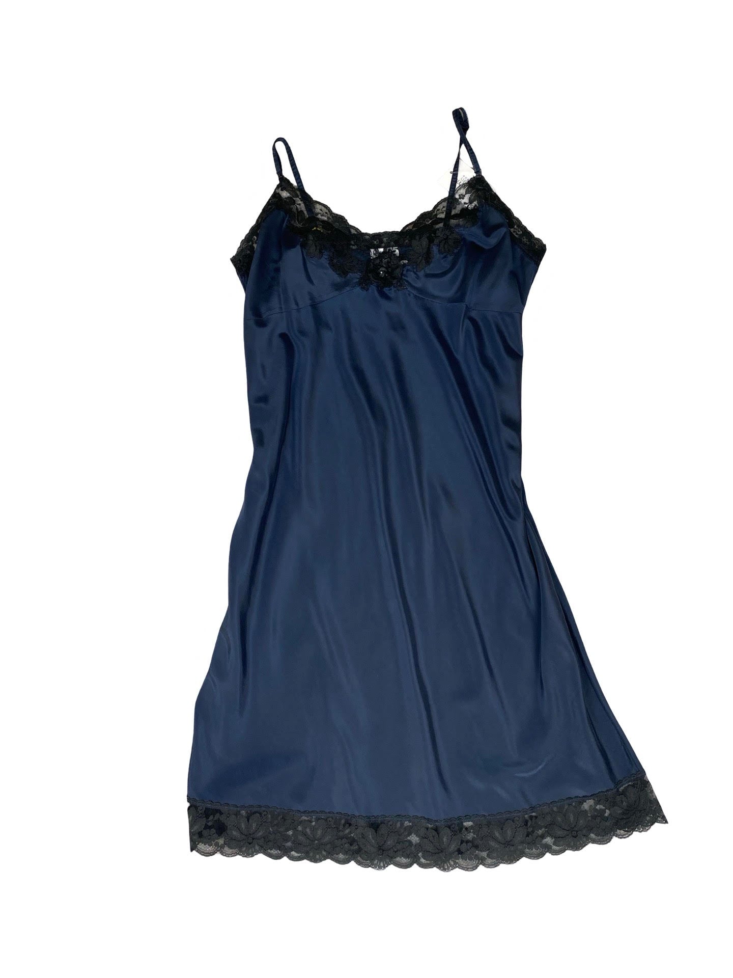 Christian Dior Navy Blue Silk Slip Dress With Black Lace