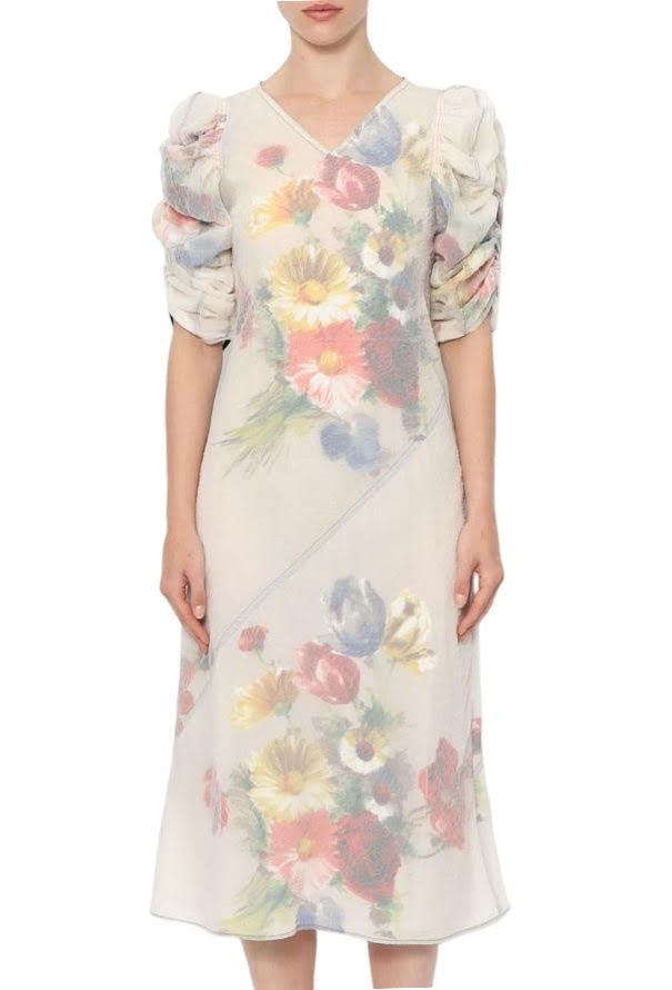 Celine Muted Floral Midi Dress With Ruched Puff 3/4 Sleeves