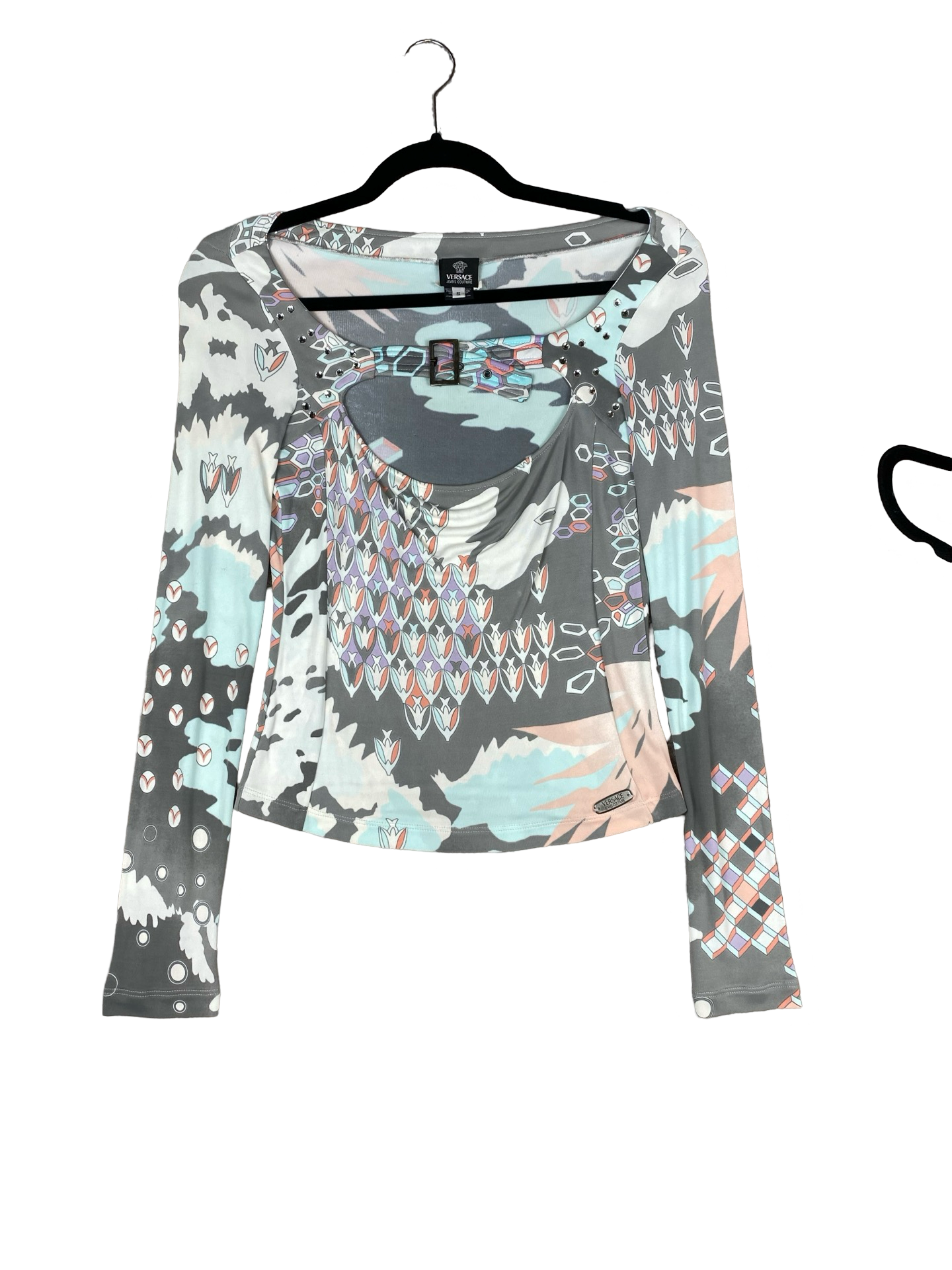 Versace Multi Color Long Sleeve Top With Cut Out & Buckle