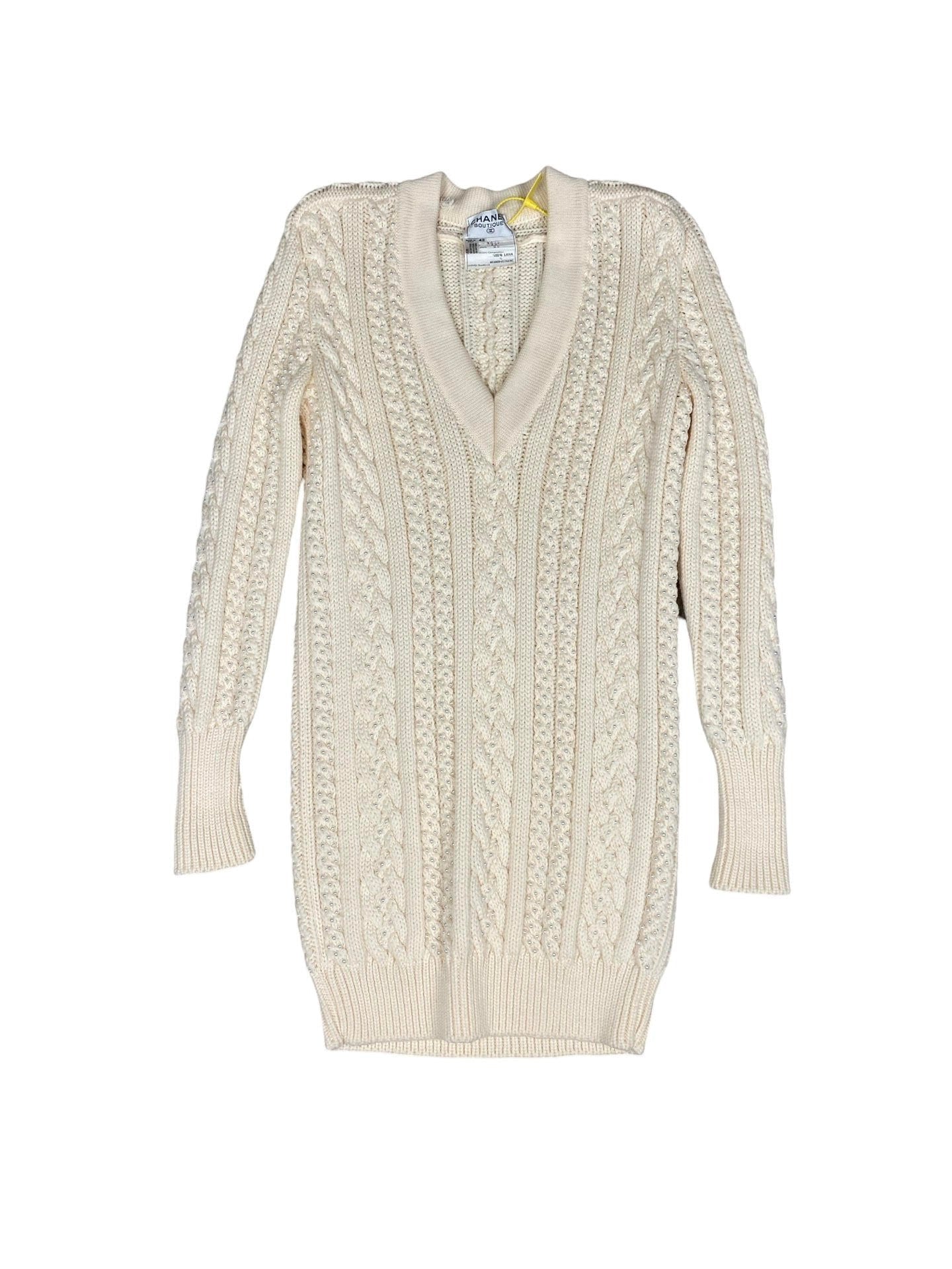 Chanel White Long Sleeve Knitted Sweater Dress With Pearl Detail