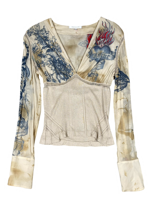 Roberto Cavalli Cream With Blue Design Long Sleeve Top