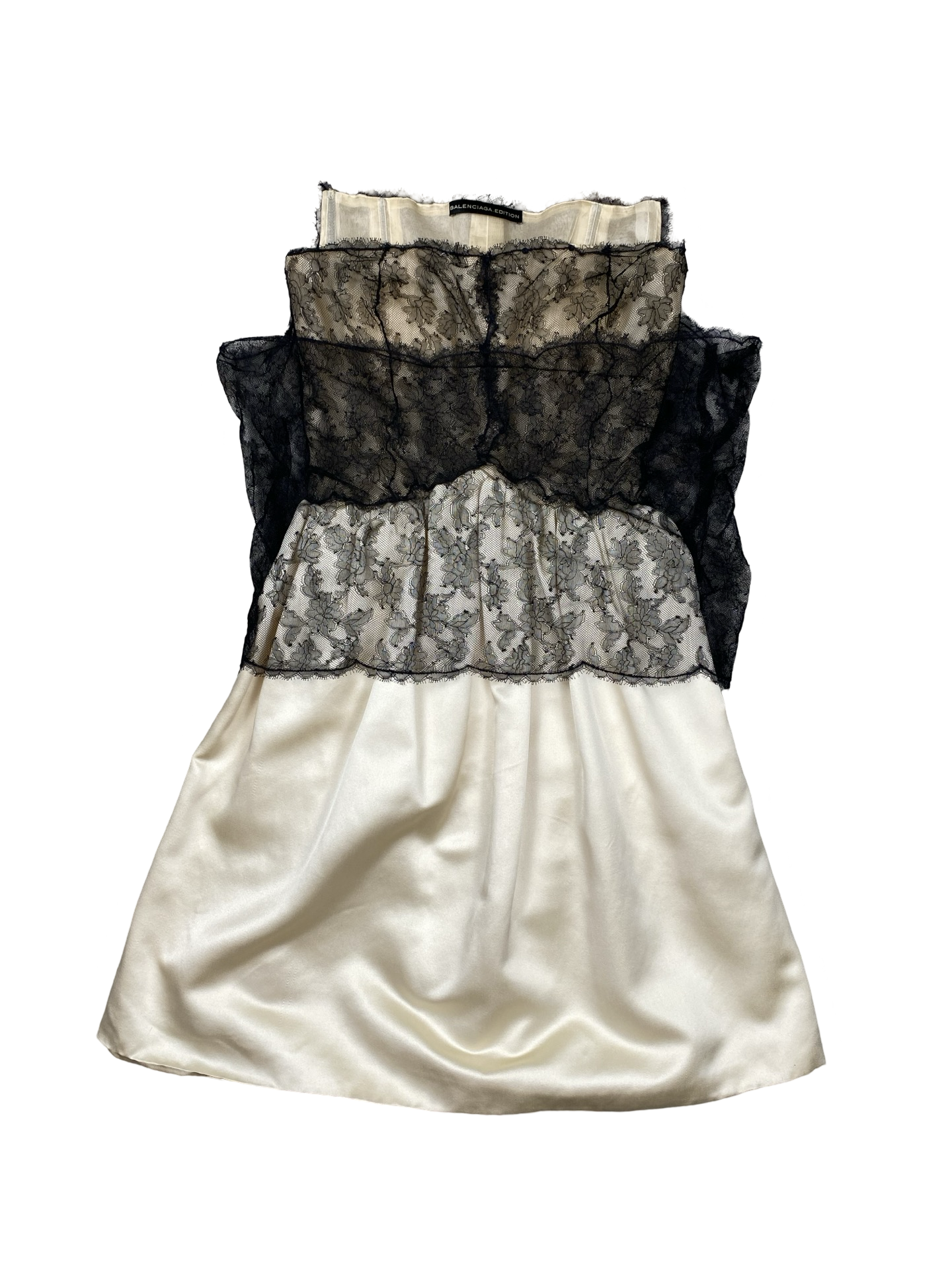 Balenciaga White Satin Strapless Mini Dress With Black Lace