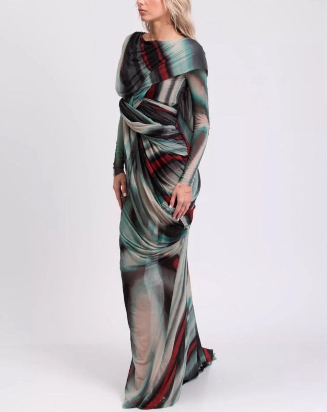 Rick Owens Blue Red & White Marble Draped Long Sleeve Gown