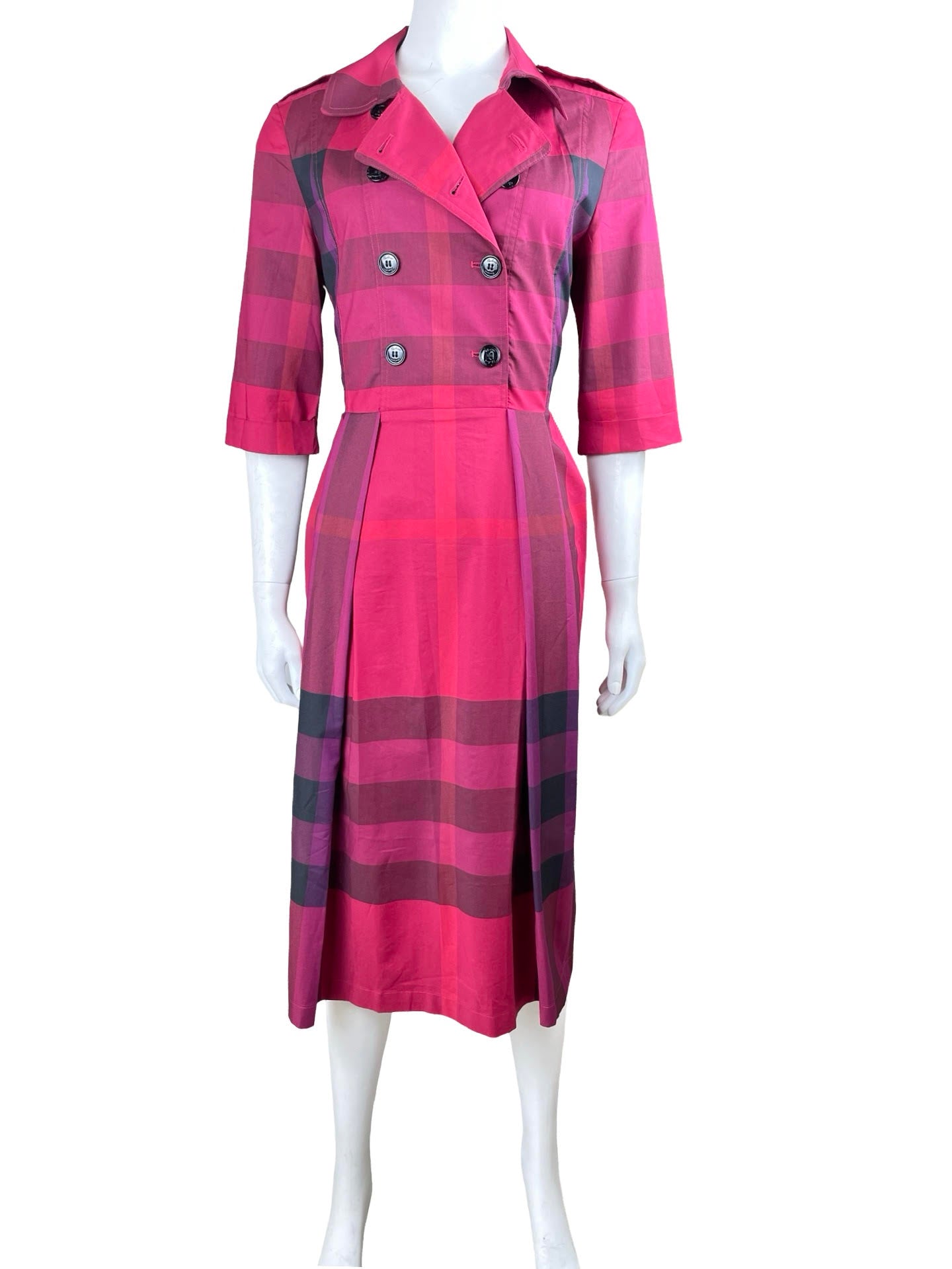 Burberry Pink Plaid Trench 3/4 Midi Dress