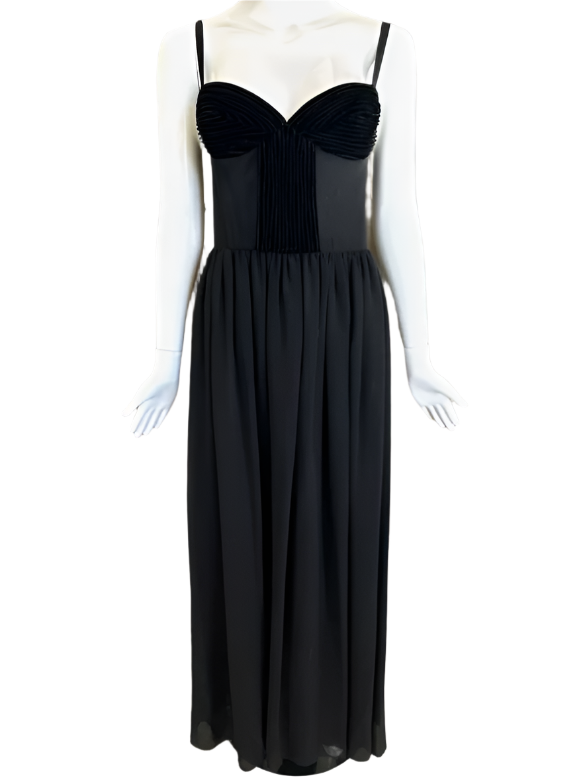 Valentino Black Maxi Dress With Velvet Pleated Detailing