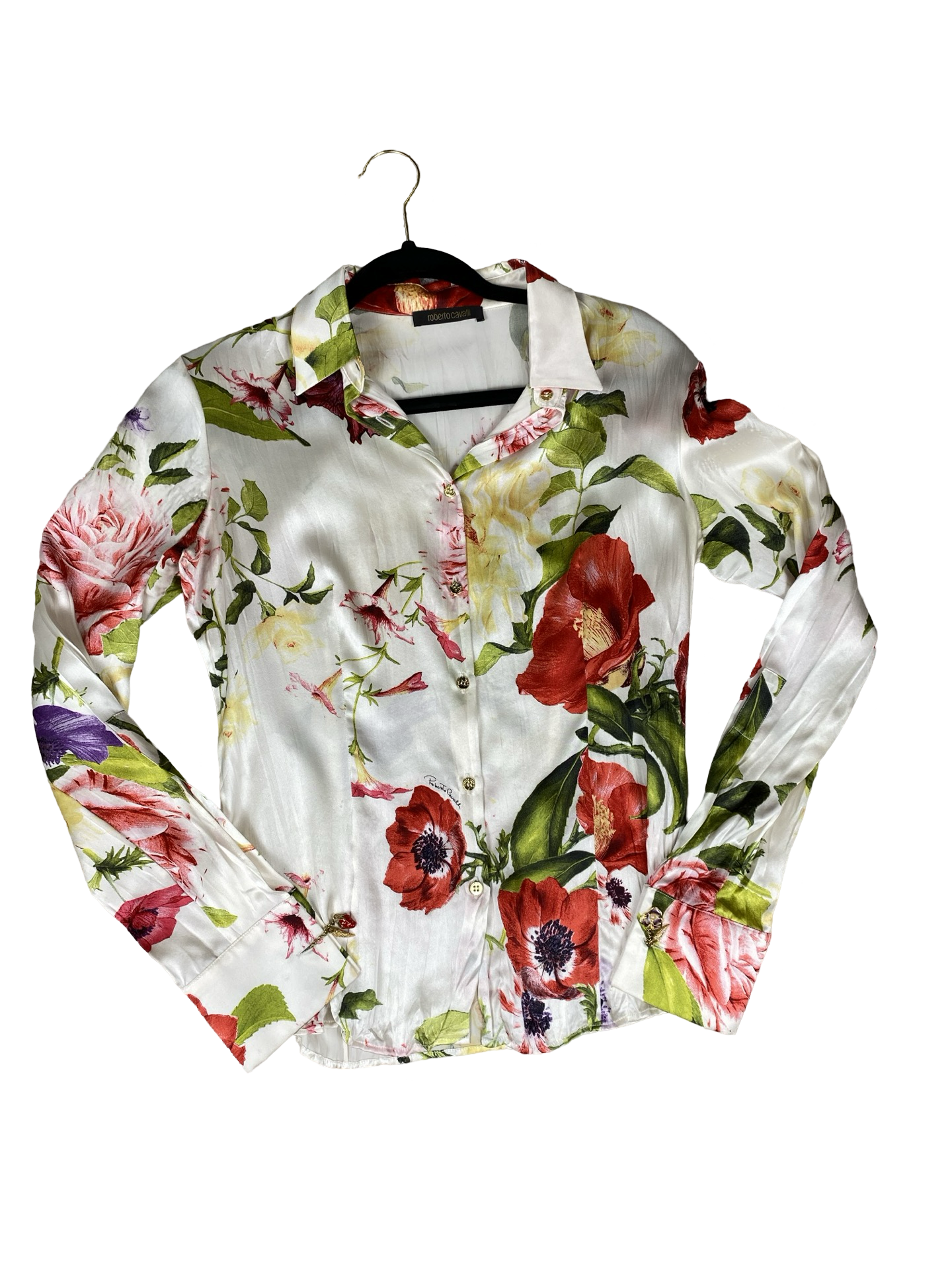 Roberto Cavalli White Floral Silky Button Up Top